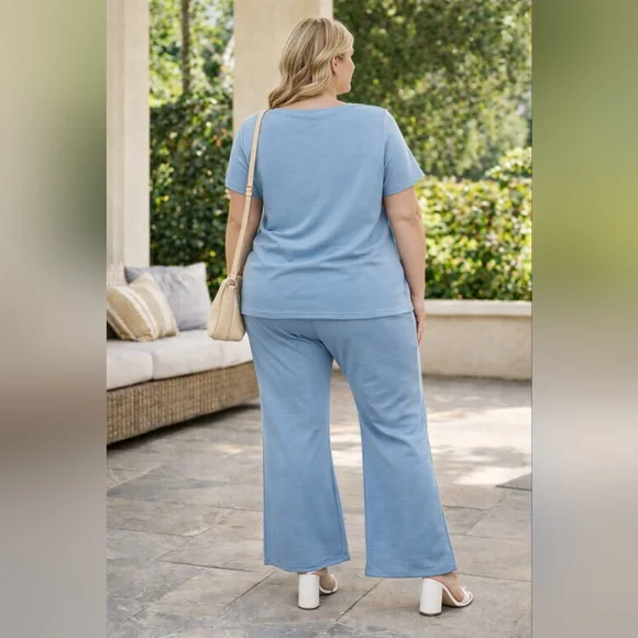 Dear Scarlett Flare Leg Pants 1X Blue Stretch Lounge Modern Casual Relaxed NWT - Picture 4 of 15